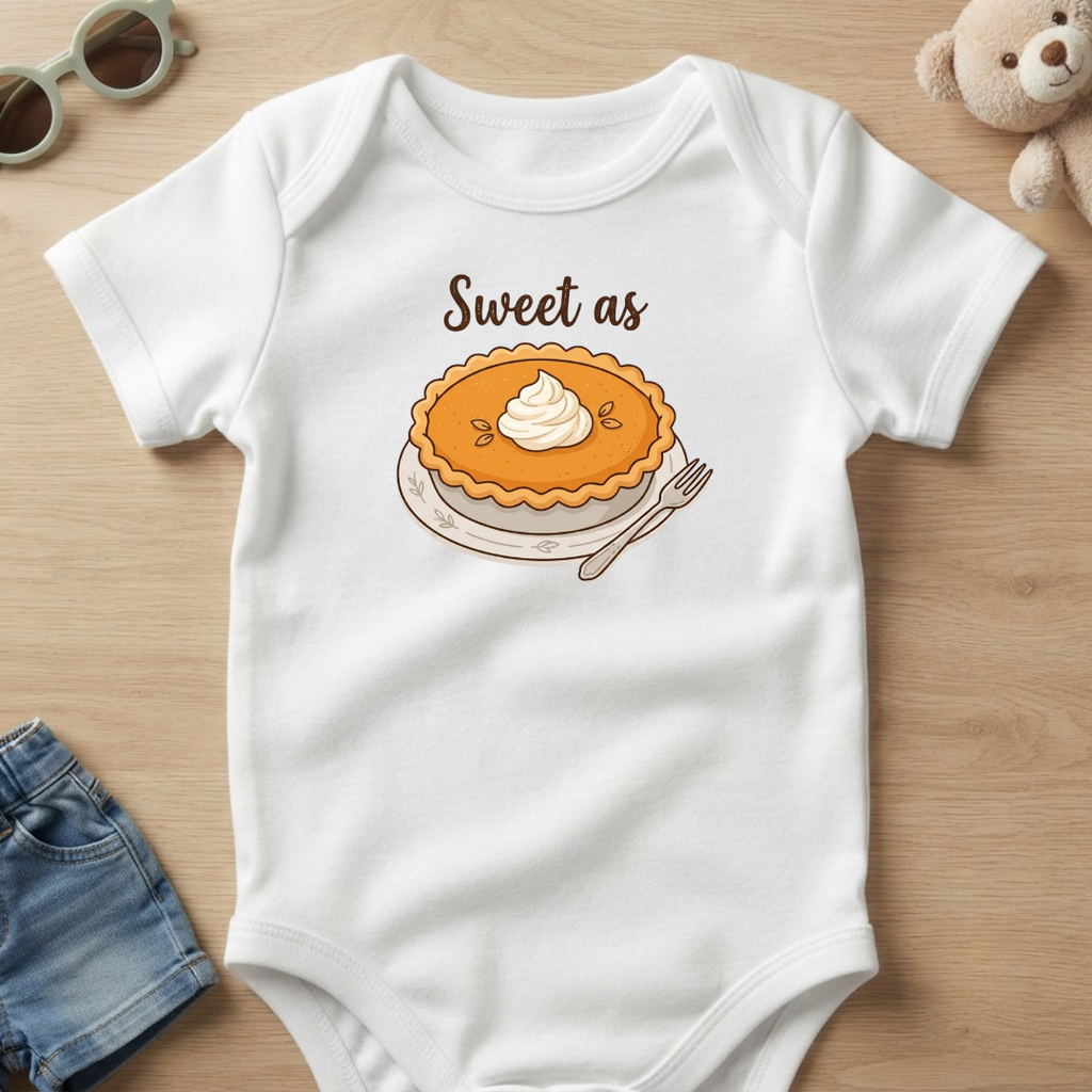 A white short-sleeve baby onesie laid flat on a light wood surface, printed with the words 'Sweet as' above an illustrated orange pie with whipped cream and a fork. Sunglasses, denim shorts, a teddy bear, and a small plush toy are partially visible around the product.
