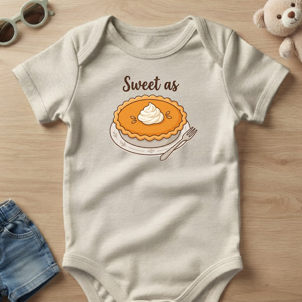 A baby short-sleeve bodysuit in a light oatmeal color, laid flat on a light wood surface. The bodysuit features a graphic of a pumpkin pie with whipped cream and the text 'Sweet as' above it.